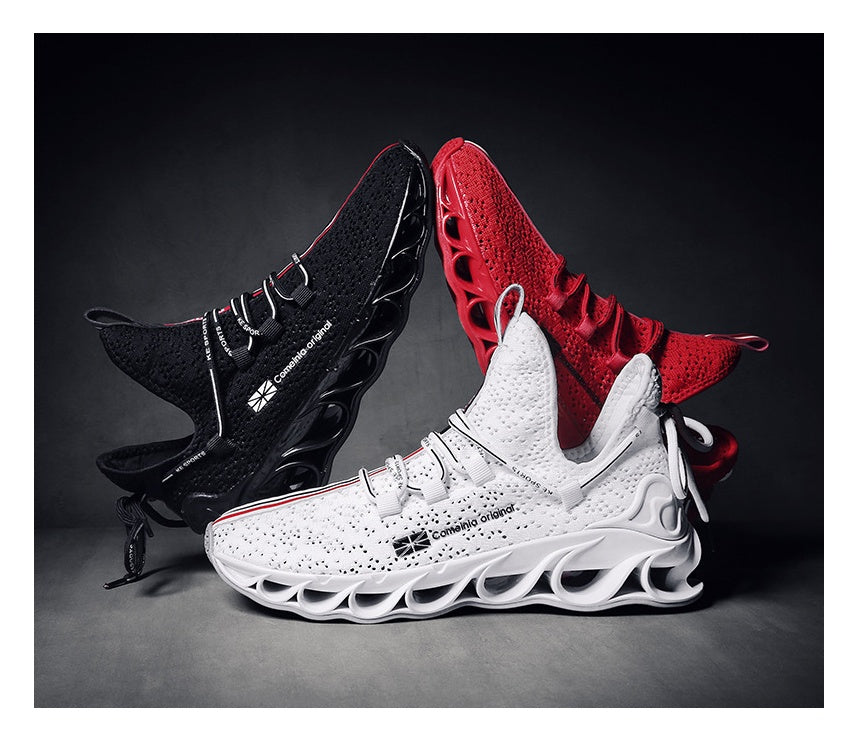 Three pairs of Sports shoes running shoes in black, red, and white with breathable knit material and unique hollow sole design for enhanced comfort and style.