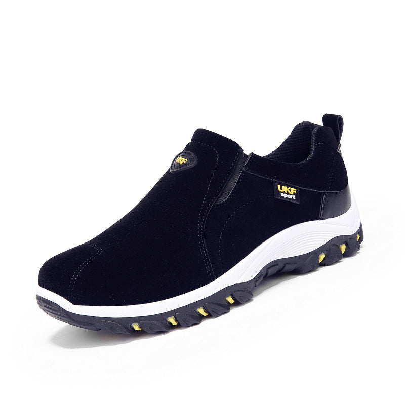 Black slip-on sneaker featuring a sporty design with a white sole and yellow accents, designed as Mountain shoes outdoor men's shoes lazy shoes for comfortable casual wear.