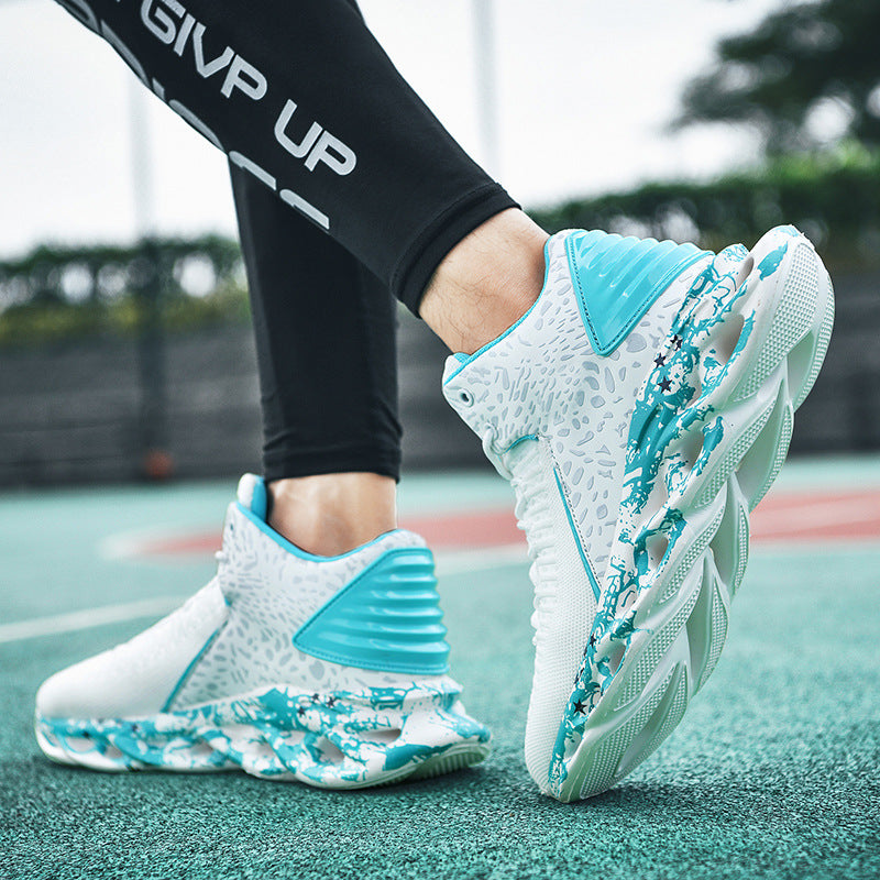 Pair of Trendy Camouflage Sports And Leisure Blade Old Shoes in white and blue tones worn by person on outdoor court, highlighting unique sole design and modern athletic style.