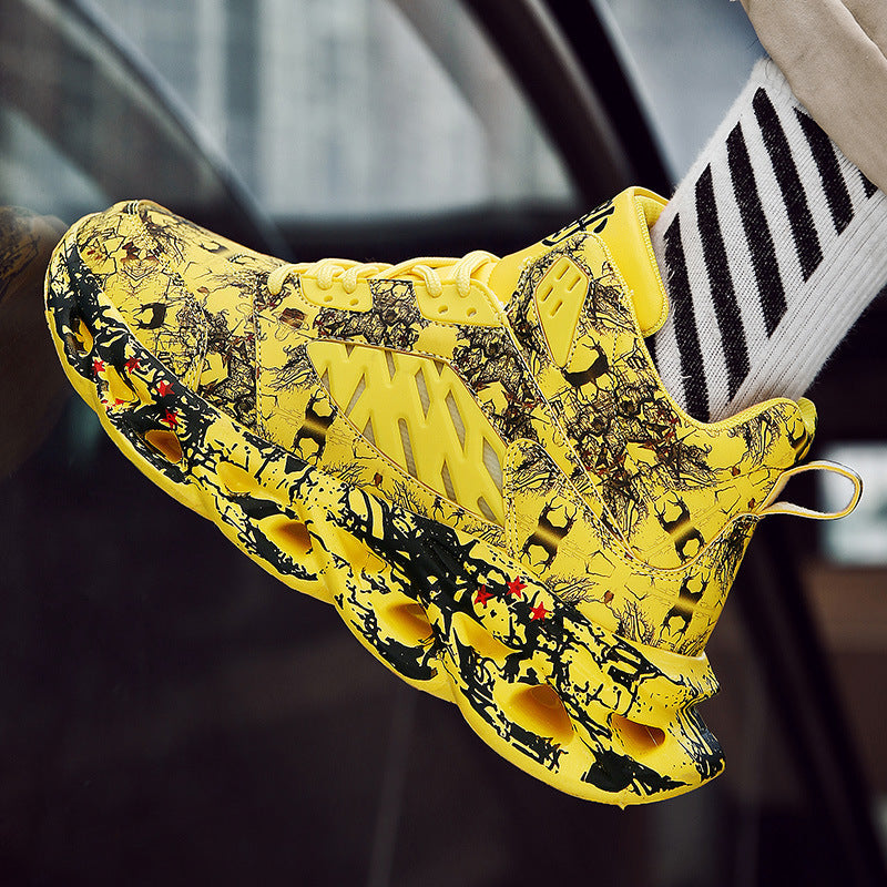 Trendy Camouflage Sports And Leisure Blade Old Shoes in bright yellow with black splatter pattern, featuring a unique blade sole design ideal for casual wear and streetwear style.