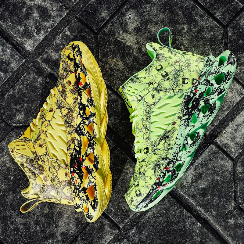 Pair of Trendy Camouflage Sports And Leisure Blade Old Shoes in vibrant yellow and green tones with abstract black patterns, designed for active casual wear and street style.
