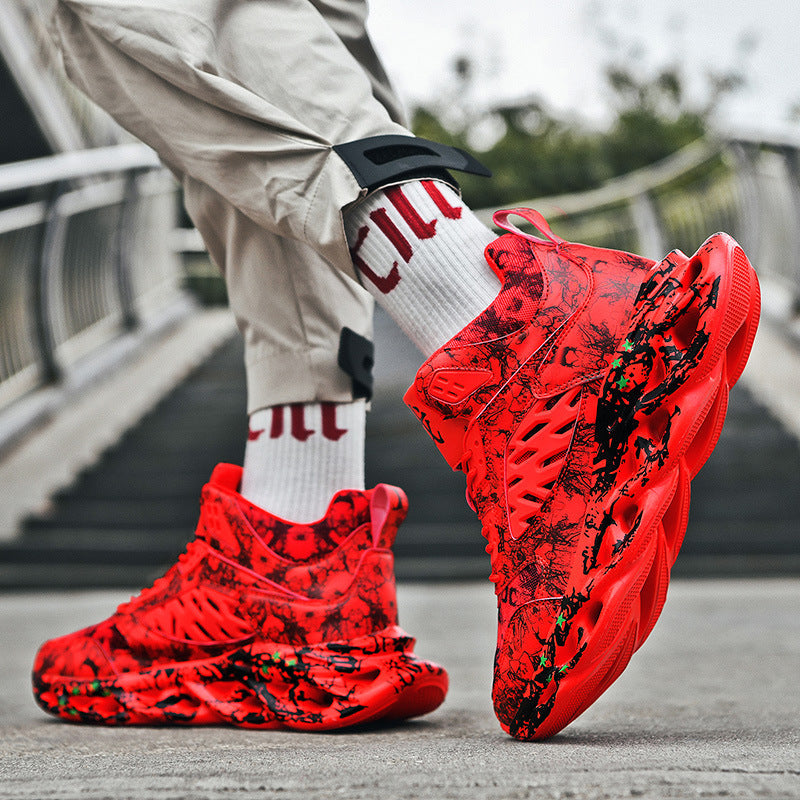 Trendy Camouflage Sports And Leisure Blade Old Shoes in vibrant red with bold black and green accents, designed for stylish streetwear and comfortable casual wear.