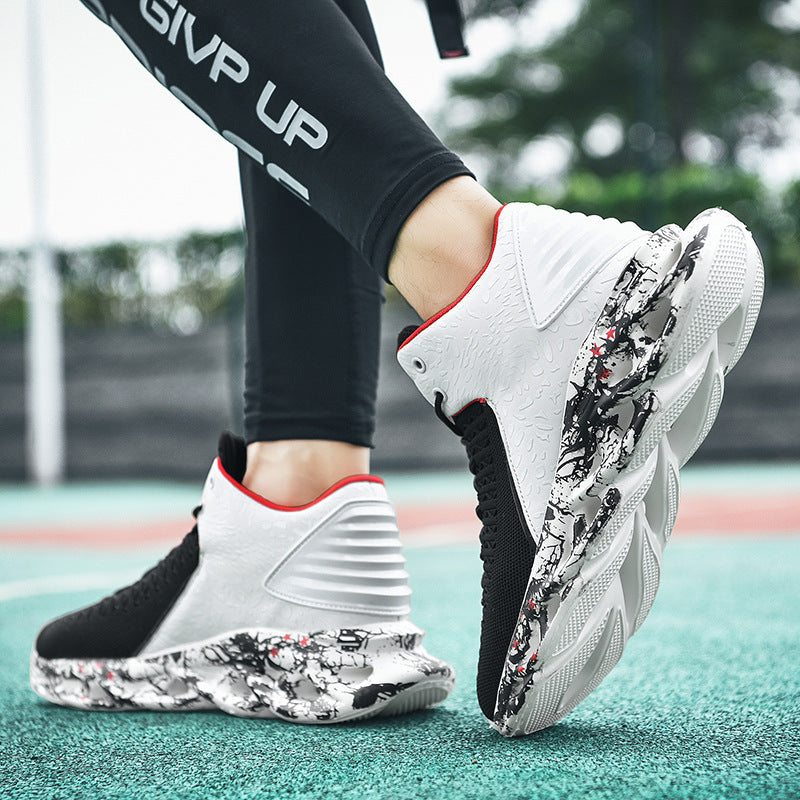 Person wearing Trendy Camouflage Sports And Leisure Blade Old Shoes with black and white design and red accents, shown on a sport court surface.