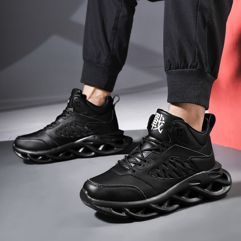 Person wearing black Trendy Camouflage Sports And Leisure Blade Old Shoes with unique hollowed-out sole design, paired with black jogger pants in a modern setting.