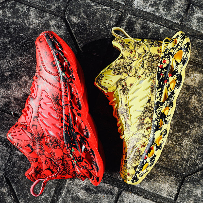 Pair of Trendy Camouflage Sports And Leisure Blade Old Shoes featuring a vibrant red and yellow design with black camo patterns, perfect for stylish casual wear and streetwear looks.