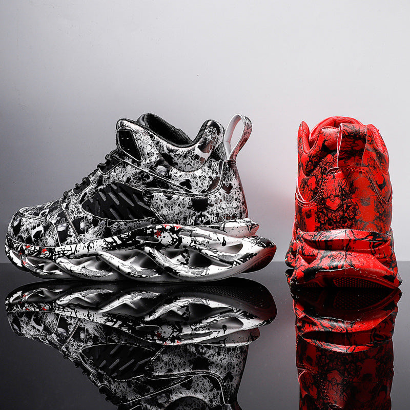 Pair of Trendy Camouflage Sports And Leisure Blade Old Shoes in bold black and white with red accents, featuring dynamic blade-shaped soles for stylish urban wear.