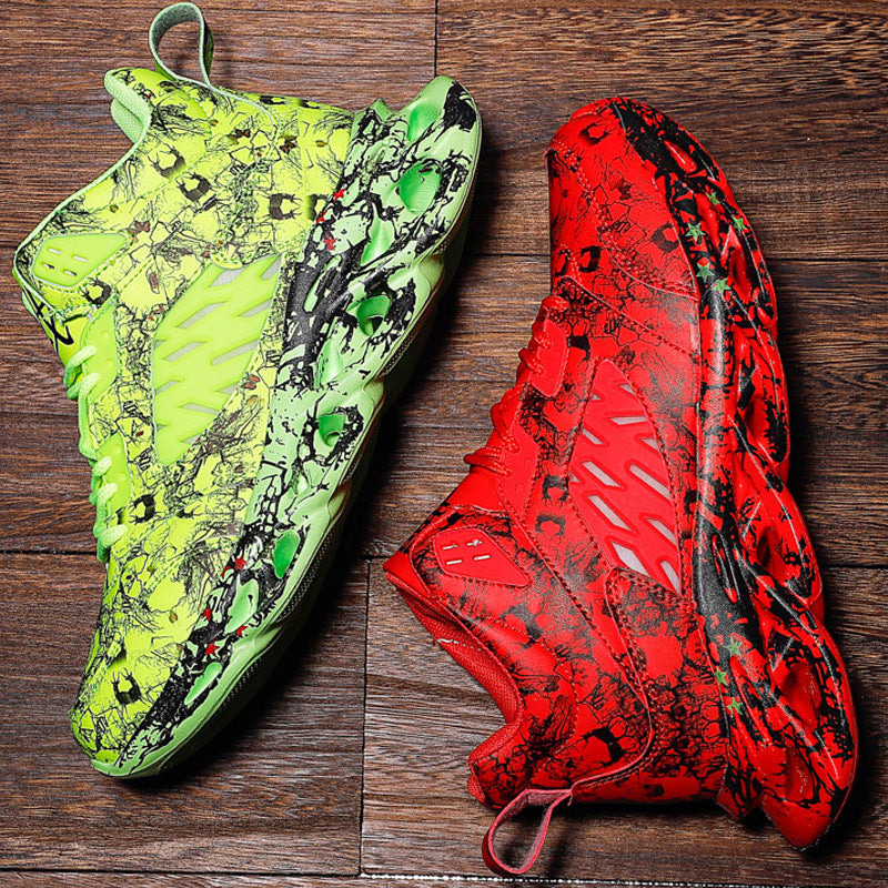Pair of Trendy Camouflage Sports And Leisure Blade Old Shoes featuring bold neon green and red designs with black abstract camouflage patterns, perfect for casual wear.
