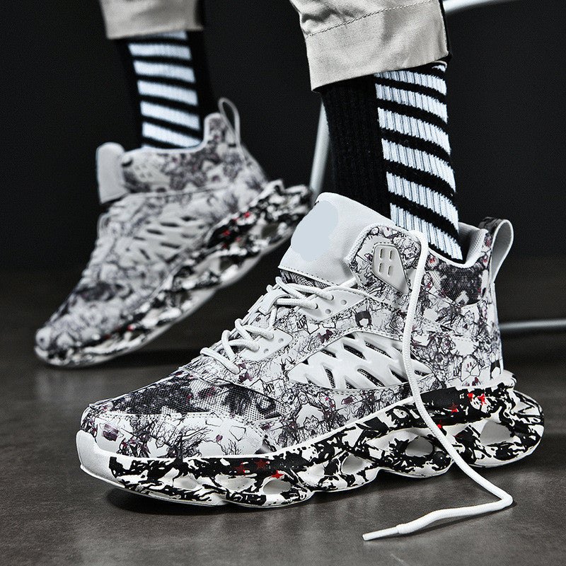 Close-up of Trendy Camouflage Sports And Leisure Blade Old Shoes in black and white abstract pattern worn with black and white striped socks, styled for casual streetwear look.