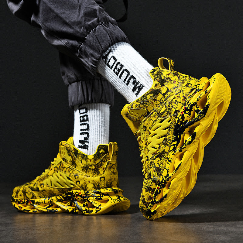 Yellow and black patterned sneakers with chunky soles worn with white graphic socks and black jogger pants, showcasing Trendy Camouflage Sports And Leisure Blade Old Shoes.
