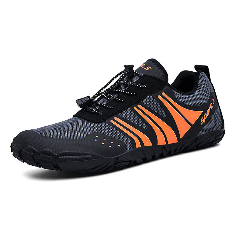 Lightweight black and gray shoe with orange accents designed for versatile outdoor use, featuring a quick-lacing system for secure fit and durable sole for varied terrains, ideal as Outdoor Wading Shoes, Quick-drying Shoes, Beach Shoes, Hiking Shoes, Fishing Sports Shoes.
