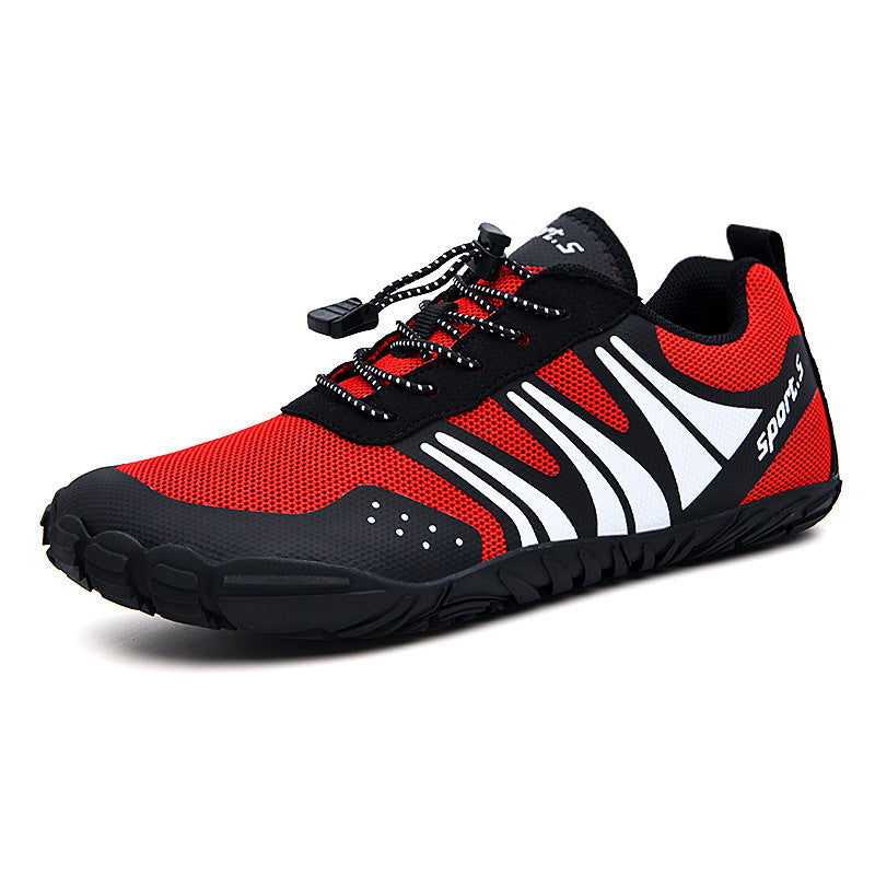 Red and black lightweight athletic shoe designed for water activities featuring breathable mesh and a quick-lacing system, perfect for Outdoor Wading Shoes, Quick-drying Shoes, Beach Shoes, Hiking Shoes, Fishing Sports Shoes.