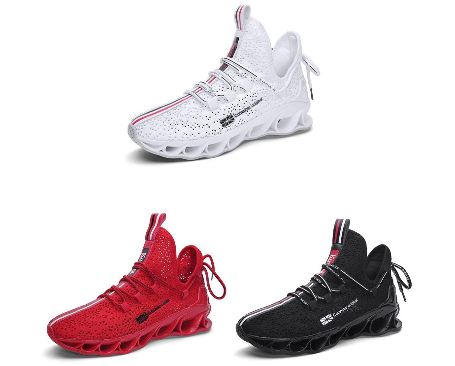 Three pairs of Sports shoes running shoes in white, red, and black with breathable mesh uppers and unique cushioned sole designs for enhanced comfort and style.