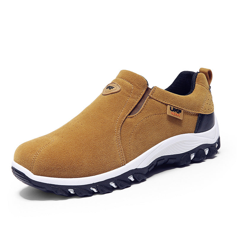 Brown suede slip-on shoe with black and white rugged sole designed for comfort and durability, perfect for outdoor activities with Mountain shoes outdoor men's shoes lazy shoes.