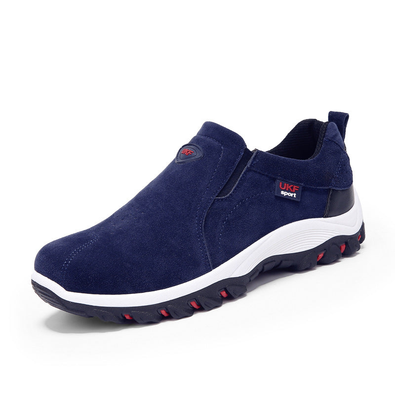 Navy blue suede Mountain shoes outdoor men's shoes lazy shoes with black and white textured sole designed for casual and comfortable wear.