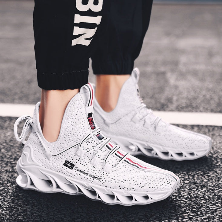 White breathable sports shoes running shoes with a modern sculpted sole and black and red stripe details, designed for activewear and comfortable running.